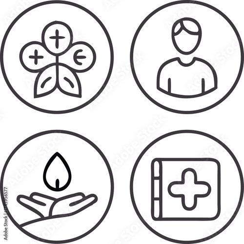 Four circular icons representing health care faith community and human well being vector