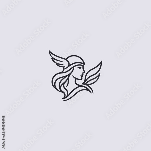 Valkyrie line art mythic warrior woman logo design.