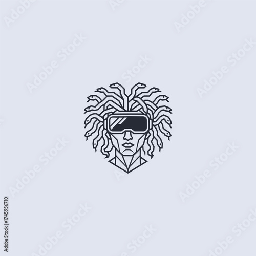 Medusa with VR glasses line art myth and tech fusion logo design.