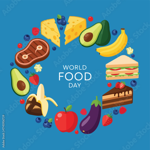 World Food Day illustration with a vibrant circular array of healthy food items fresh fruits, vegetables, meat, and desserts on a blue background