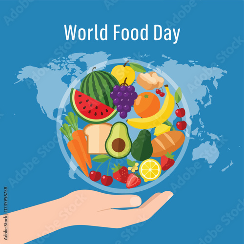 Promoting global food awareness with a hand gently supporting a vibrant collection of fresh produce, highlighting healthy sustenance for the world community