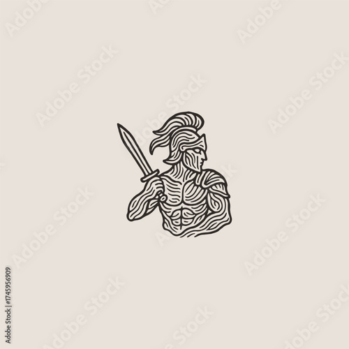 Gladiator line art ancient warrior helmet logo design.