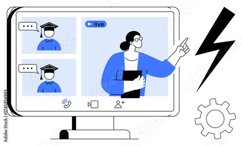 Female instructor pointing at screen while teaching live online class to students in graduation caps. Ideal for e-learning, remote education, virtual meetings, webinars, training, online
