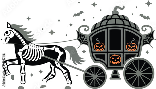 Halloween clipart life size skeleton horse pulling carriage with eerie pumpkins