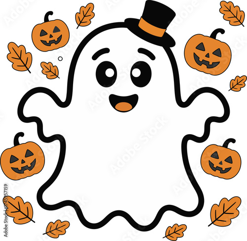 Cute halloween clipart ghost with pumpkins and leaves smiling happily in fall