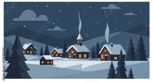 Snowy village at night with glowing windows and pine trees for winter landscape, christmas card and cozy holiday concept