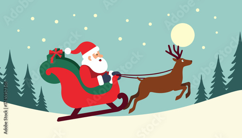 Santa Claus riding sleigh with reindeer in winter forest for christmas holiday and festive greeting illustration