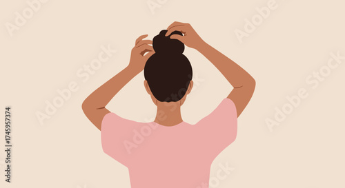 Woman doing hair bun from back view for beauty routine, hairstyle tutorial and personal care illustration