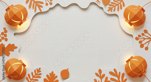 Paper lanterns and botanical cutout frame background in orange and white tones for fall celebration and holiday invitation design