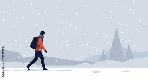 Person walking in blizzard with backpack in winter mountains for adventure, survival and travel illustration