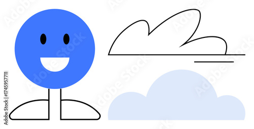 Smiling blue face with stick figure body next to abstract cloud and line drawing. Ideal for happiness, simplicity, creativity, connection, minimalism, optimism, and positivity themes. A simple flat