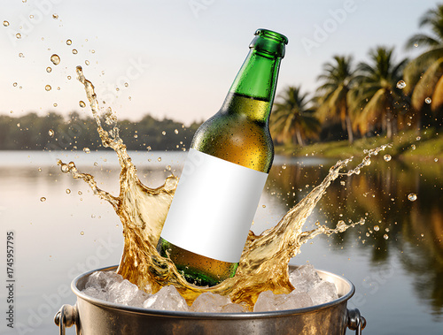 A green cider bottle with a blank label splashing in an ice bucket by a lake, ideal for product mockups and advertising.
