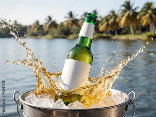 A green cider bottle with a blank label splashing in an ice bucket by a lake, ideal for product mockups and advertising.