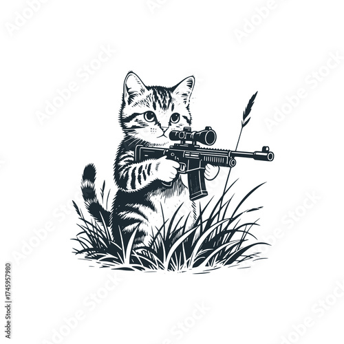 Adorable kitten as sniper – Black and White Icon Vector and Illustration