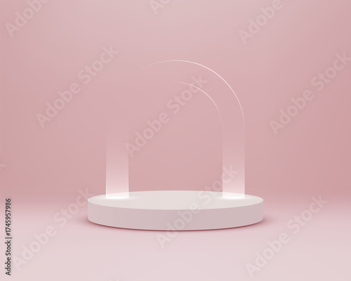 Minimal pastel mockup with white circular podium and transparent light arches in a soft pink studio, designed for product display, branding, cosmetic showcase