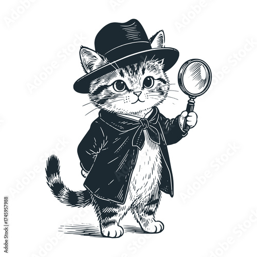 Adorable kitten as detective – Black and White Icon Vector and Illustration