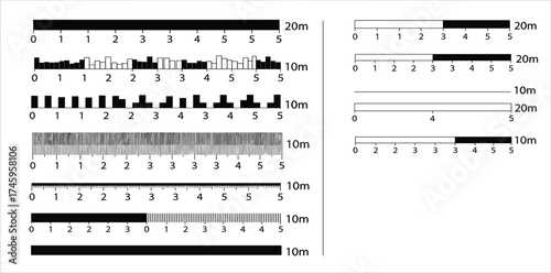 A diverse set of black and white graphic scale bars for measuring distance on architectural drawings and maps
