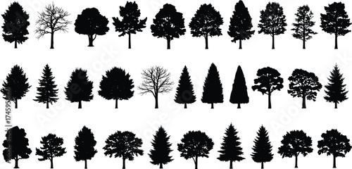 Collection of Diverse Tree Silhouettes for Design and Illustration Purposes in Vector Format