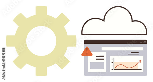 Gear, cloud, and analytics dashboard highlighting a warning alert. Ideal for technology, cloud storage, data management, workflow, system error innovation and productivity themes. Simple flat