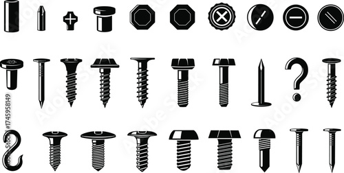 Collection of Various Screws, Bolts, and Fasteners with Different Heads and Threads on White Background