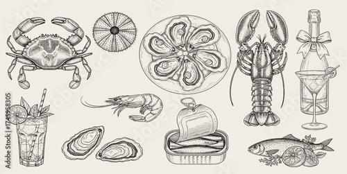 A diverse collection of gourmet seafood delicacies and beverages, meticulously hand-drawn in a vintage engraving illustration style