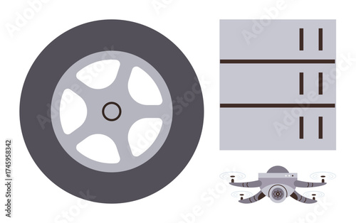 Wheel symbolizes transportation, warehouse storage management, and a quadcopter for technological progress. Ideal for logistics, innovation, delivery, automation, supply chain, technology