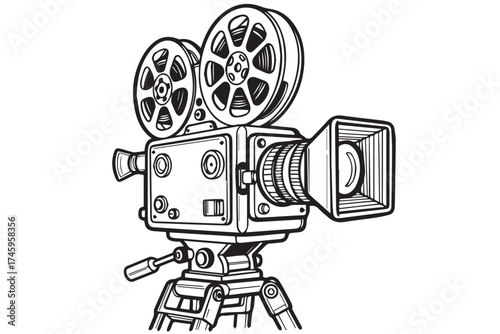 A detailed black and white illustration of a vintage movie camera on a tripod, isolated on transparent background