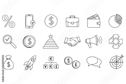 A collection of business and finance related icons in a sketchy, handdrawn style, including a rocket, money bag, charts, and handshake isolated on transparent background