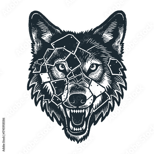 Dark emblem of a snarling wolf head of fractured metal plates - Black and White Icon Vector and Illustration