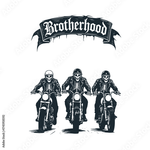 Distorted emblem of Three skeletal bikers riding. Black and White Icon Vector and Illustration