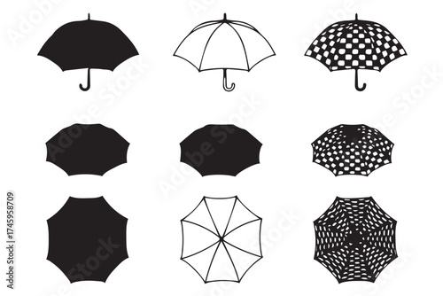 Assortment of umbrella icons and illustrations, both solid and patterned, isolated on transparent background