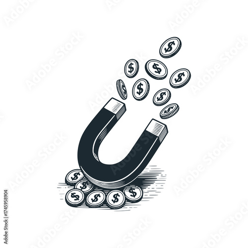 Magnet attracts money. Black and White Icon Vector and Illustration