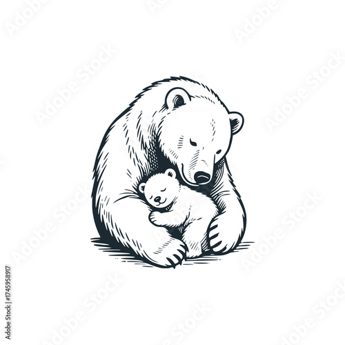 Cute mother and baby polar bear. Black and White Icon Vector and Illustration