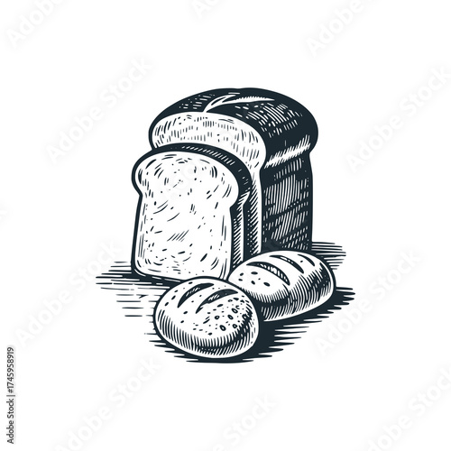 Bread, baked goods sketch. Black and White Icon Vector and Illustration