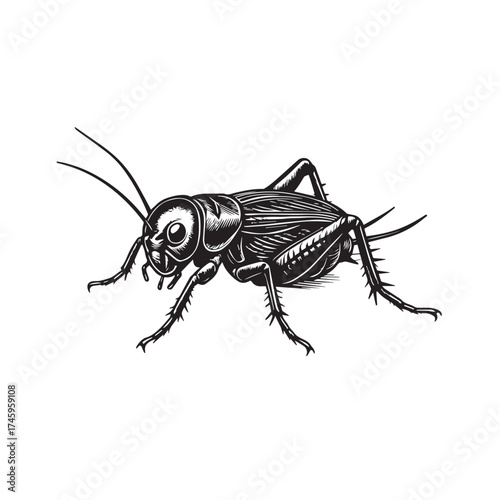 Vector detailed depiction of a cricket, drawn in monochrome black and white tones with clean black outline highlighting its legs, wings, and antennae.