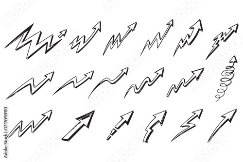 Handdrawn collection of upward trending arrows and lightning bolt shapes in various styles, suggesting growth, progress, and energy, isolated on transparent background