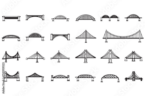 Collection of diverse bridge designs in black and white line art, showcasing various architectural styles and structural types, isolated on transparent background