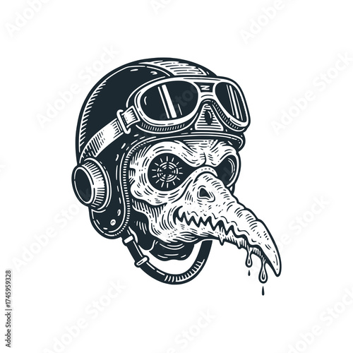 Gothic biker emblem of a plague doctor mask fused with motorcycle goggles. Black and White Icon Vector and Illustration