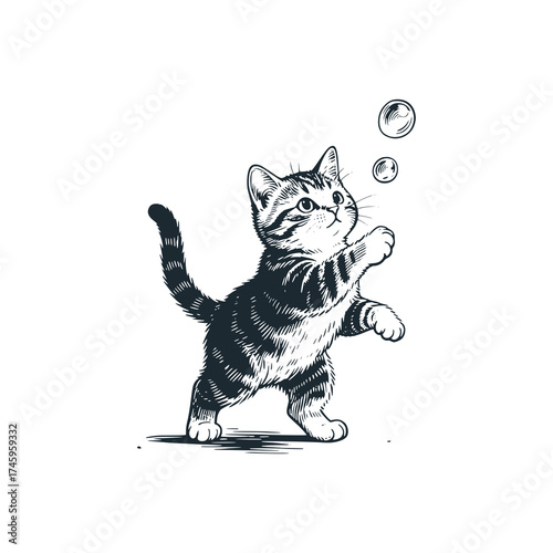 Adorable kitten chasing bubbles. Black and White Icon Vector and Illustration