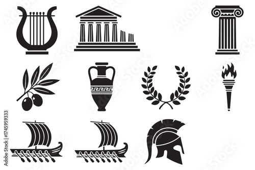 Ancient greek icons isolated on transparent background