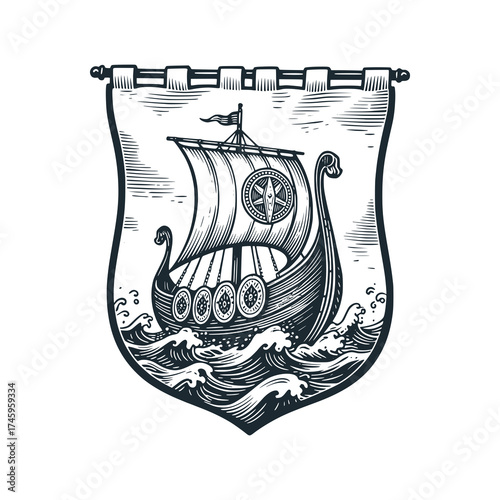 Medieval war banner showing a Viking longship sailing through storm waves. Black and White Icon Vector and Illustration