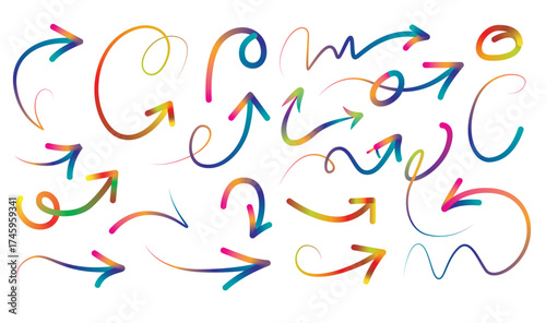 Set of thin hand-drawn crayon arrows in black and white doodle style. Includes curved lines, circular swirls, and playful directional pointers with light scribble texture. Minimal outline strokes 