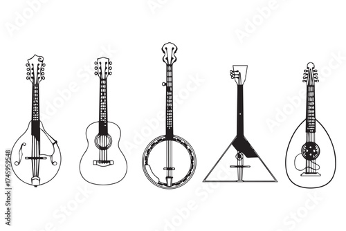 Collection of five stringed musical instrument silhouettes isolated on transparent background