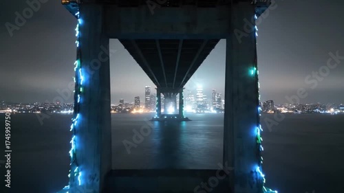 Nighttime Underneath a Bridge with City Lights Reflecting on Water.