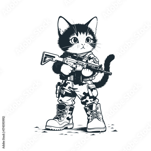 Adorable kitten with boot and riffle – Black and White Icon Vector and Illustration
