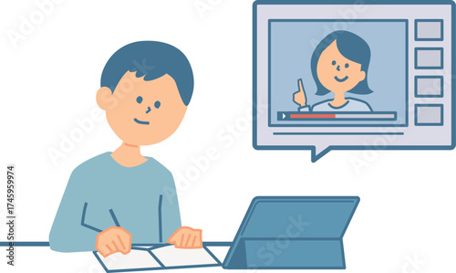 動画で学習する子供のイラスト