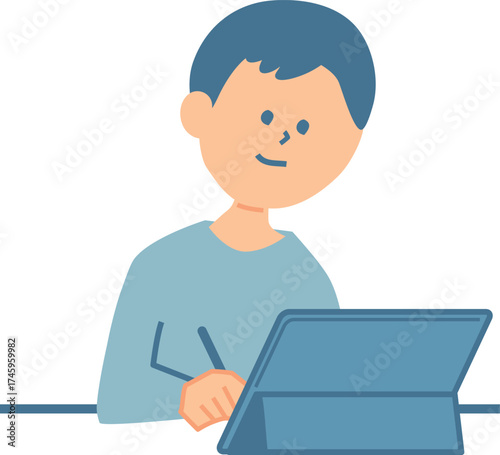 タブレットを使って学習する子供のイラスト