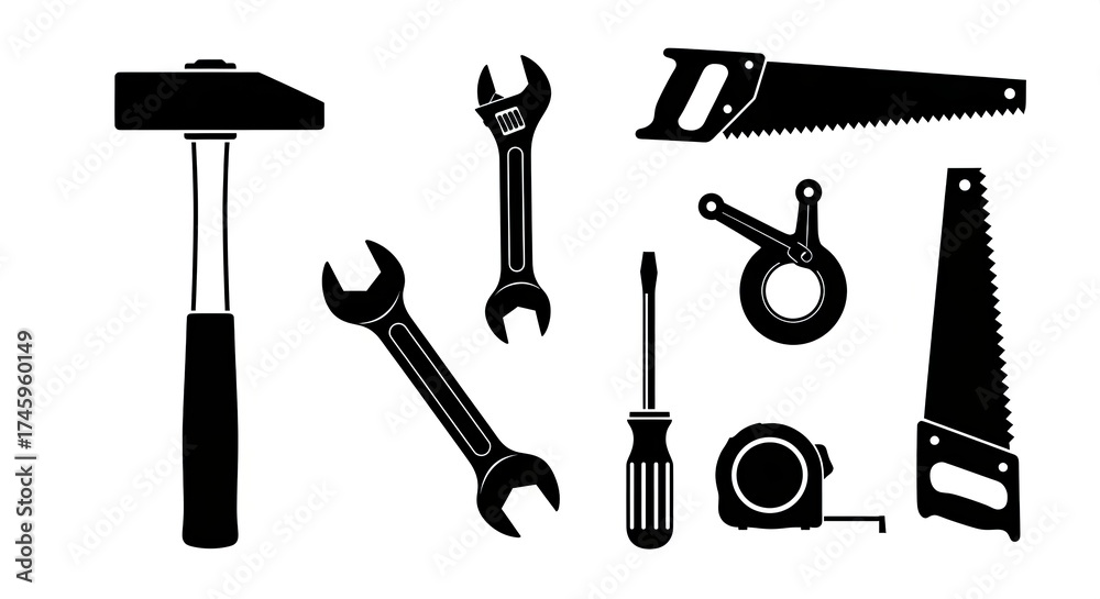 Fototapeta premium Hand tools silhouette collection on white