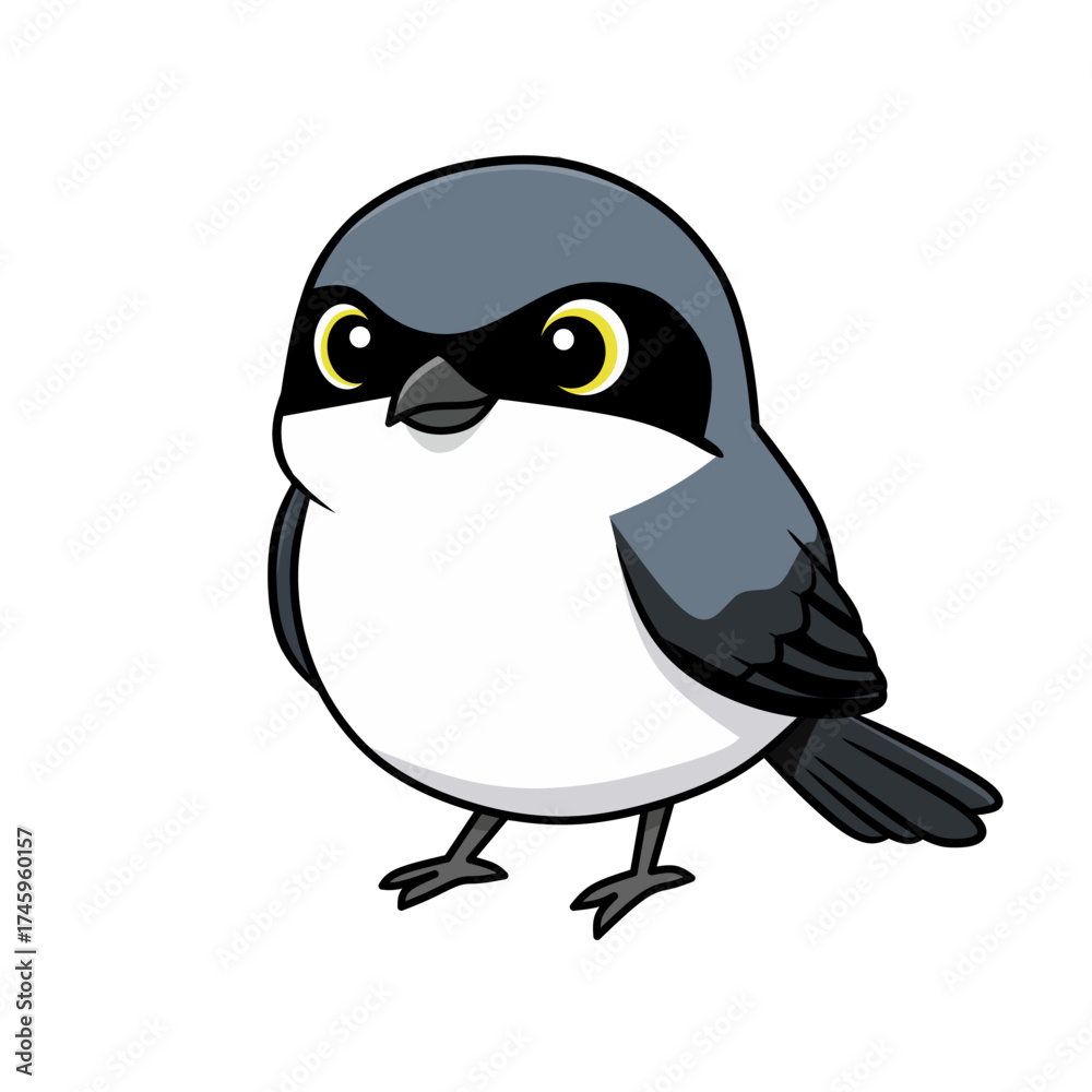 Fototapeta premium Adorable cartoon shrike bird with gray wings and black mask pattern. Perfect for wildlife design, children’s books, animal icons, or nature-themed vector illustrations