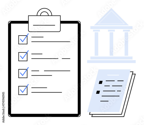 Clipboard checklist with checkmarks, stacked documents, and outlined government building. Ideal for compliance, regulation, approval process, organization, bureaucracy, accountability productivity